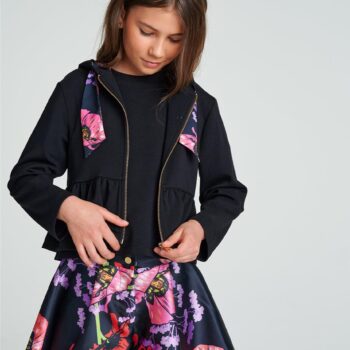 Детски суитшърт с цип и качулка за момиче LIA LEA с ефектен дизайн FLOWERY BLACK